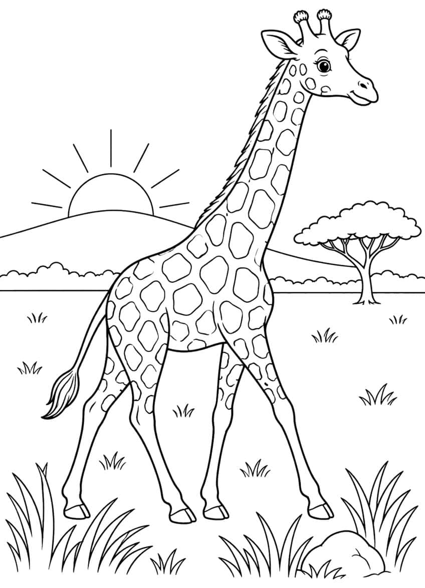 Walking giraffe with spotted coat, rising sun over a hill, acacia tree, tall grass and a rock