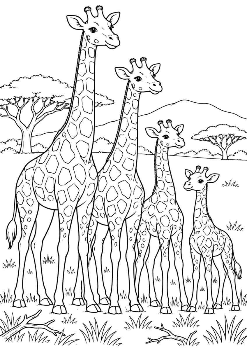 Four giraffes of different heights on the savanna with acacia trees, a hill, grass and fallen branches