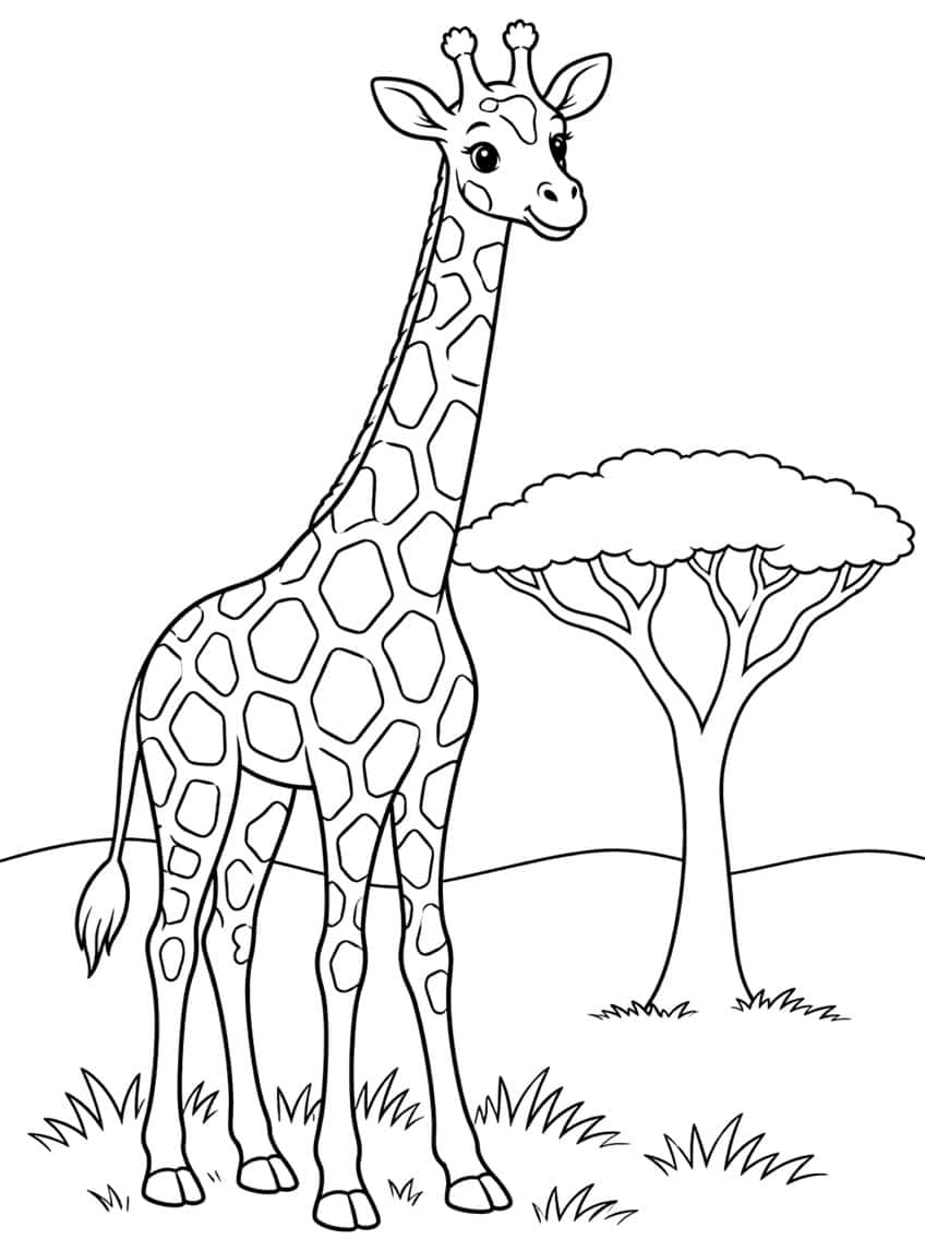 Giraffe with angular patches next to an acacia tree, grass tufts and a hill line