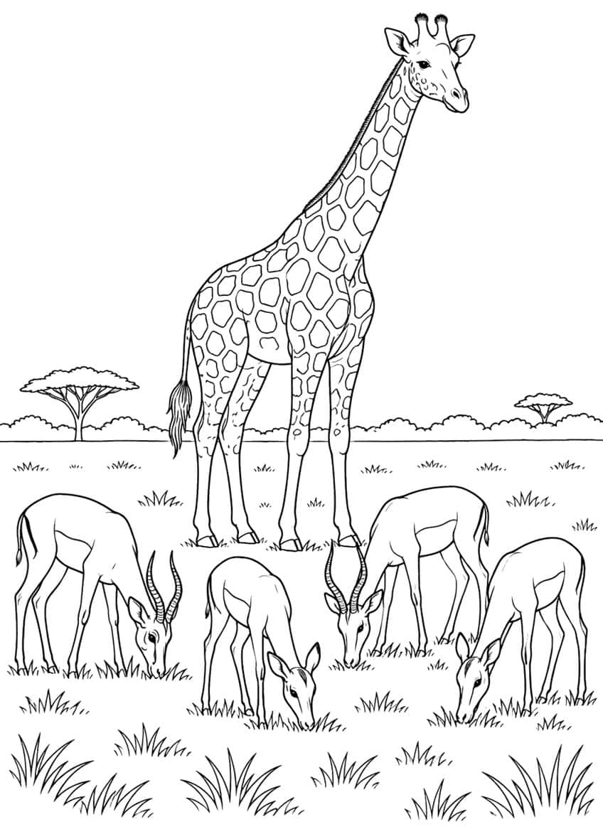 Tall giraffe standing behind four grazing antelope, with two acacia trees and grass tufts