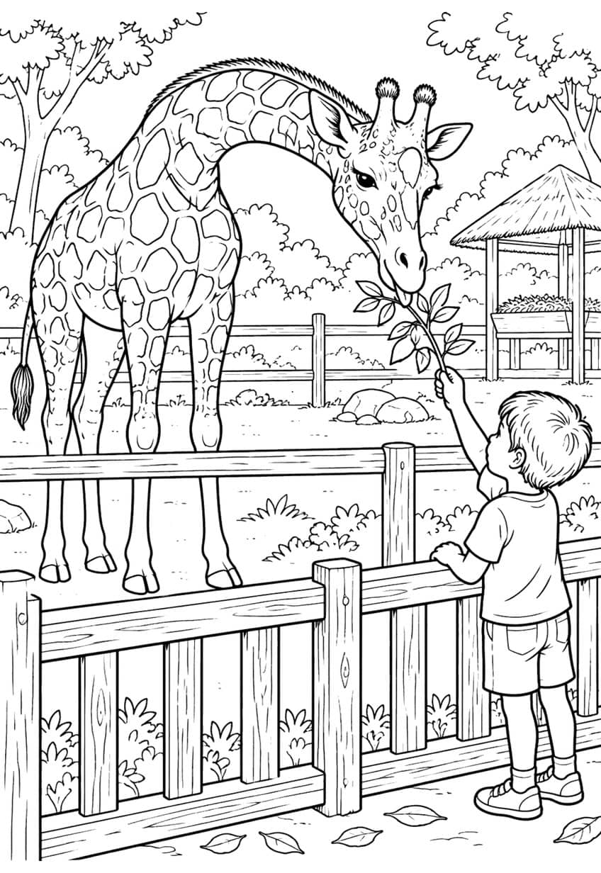 Boy at a wooden zoo fence offering a leafy branch to a giraffe, with a thatched hut and trees behind