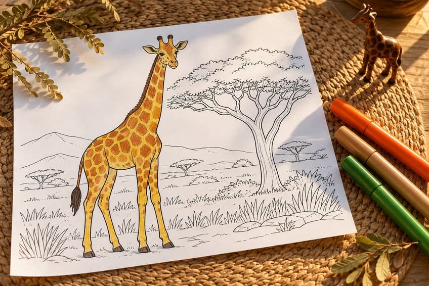 giraffe coloring page partly colored in with pencils