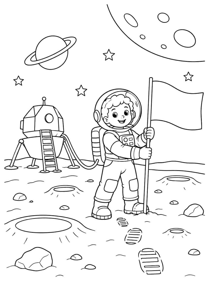 Coloring page of a curly-haired child astronaut holding a flag on the moon beside a lunar lander
