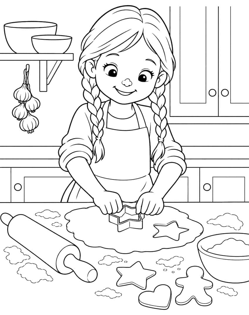 Coloring page of a girl in an apron cutting star cookies from dough in a kitchen