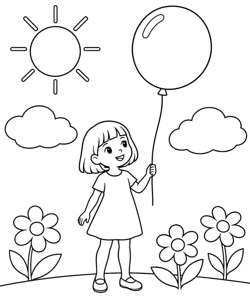 Coloring page of a girl holding a balloon among flowers under a sun and clouds