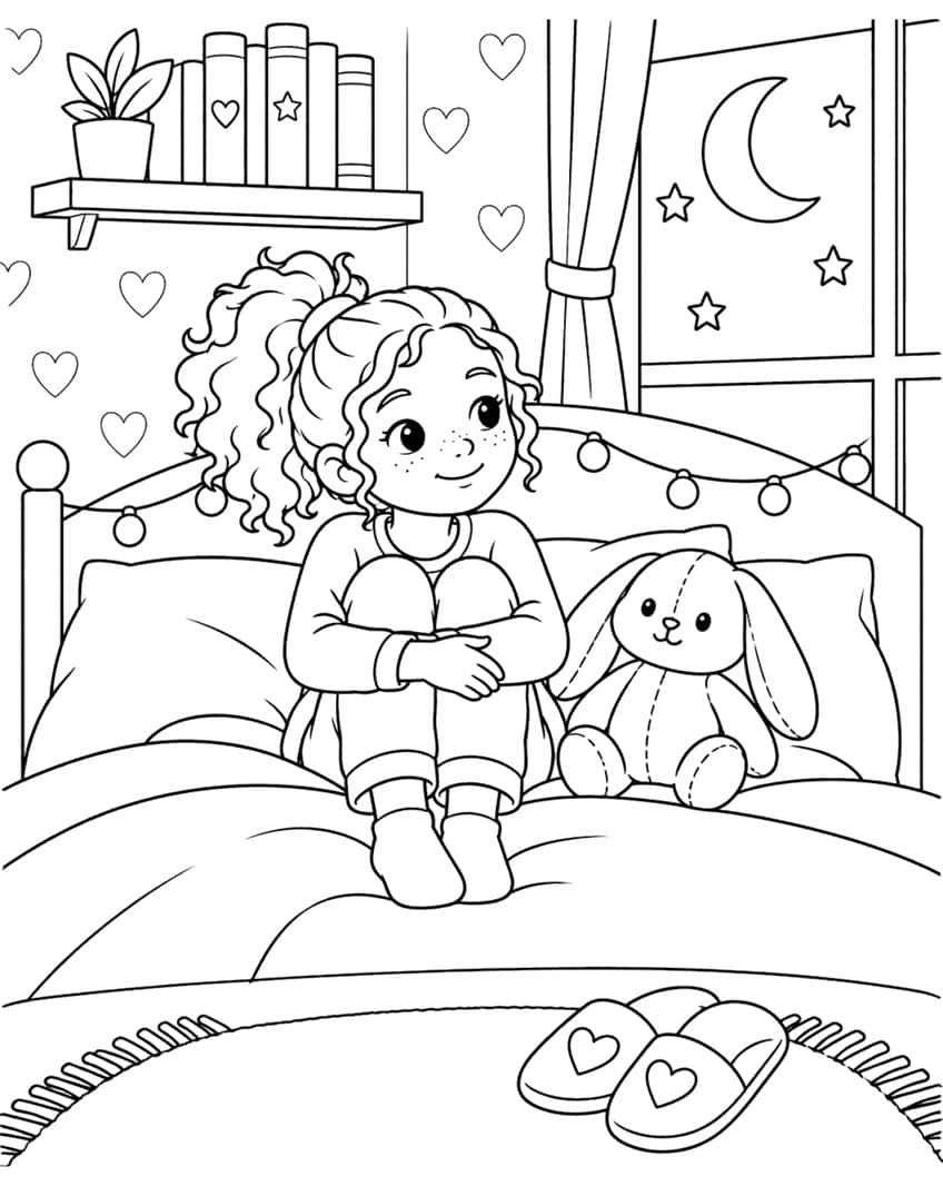 Coloring page of a girl in pajamas on her bed with a stuffed bunny and a moon outside the window
