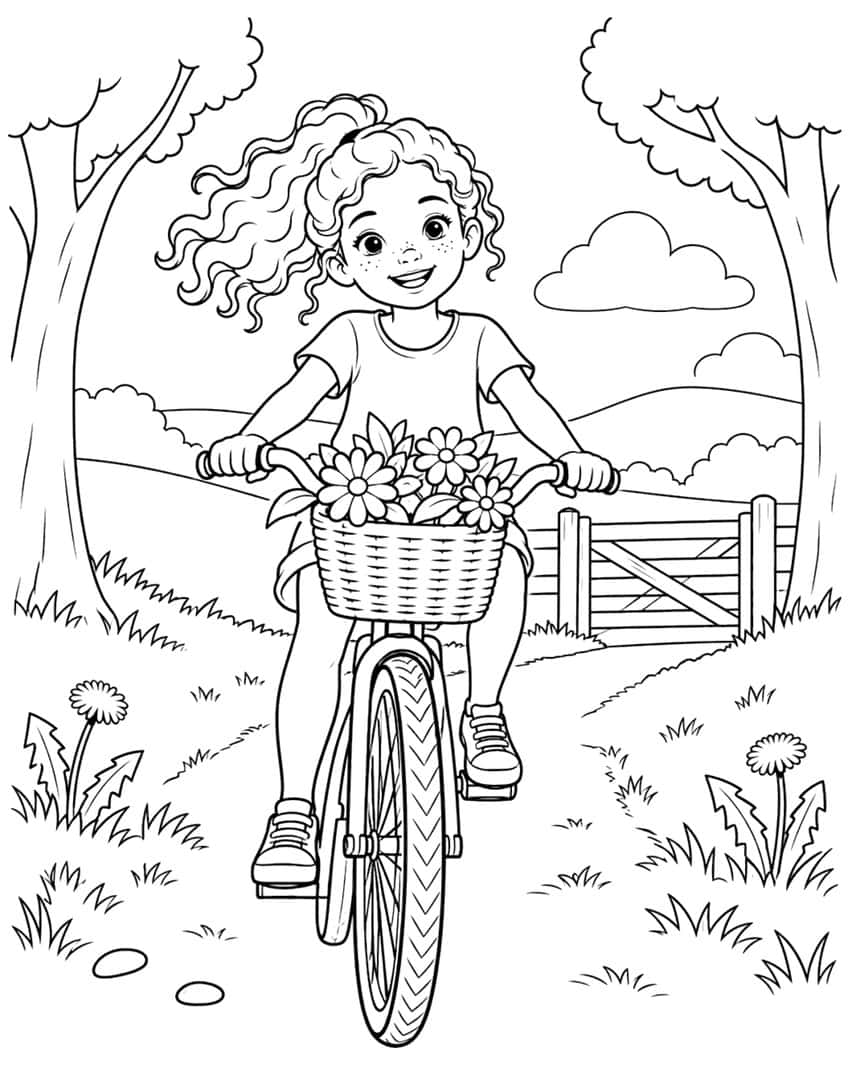 Coloring page of a curly-haired girl riding a bicycle with a flower basket on a country path