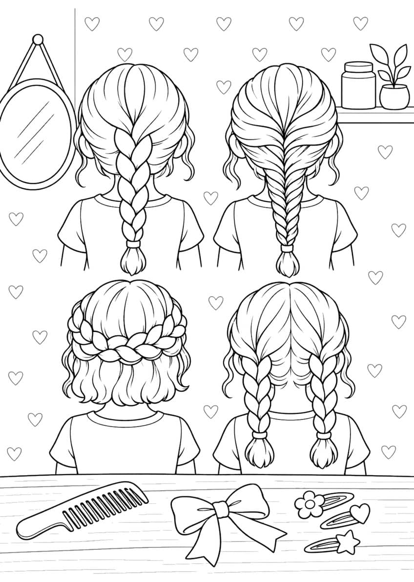 Coloring page of four girls from behind with different braids, a comb, a bow and hair clips