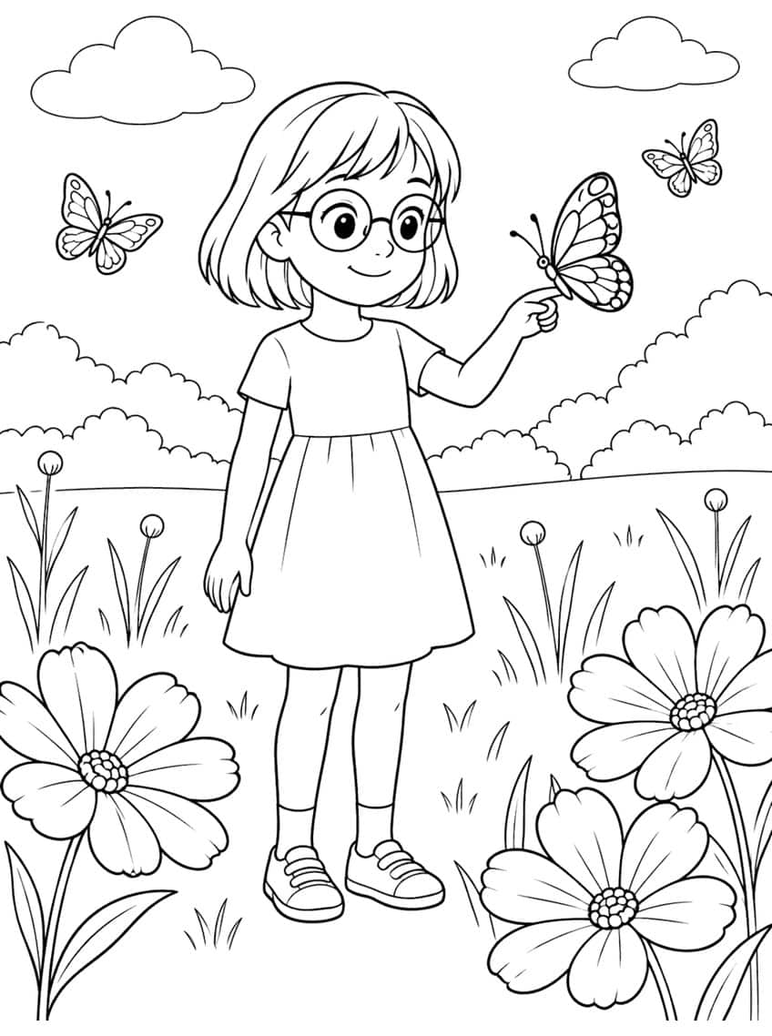 Coloring page of a girl in glasses holding a butterfly on her finger in a flower meadow
