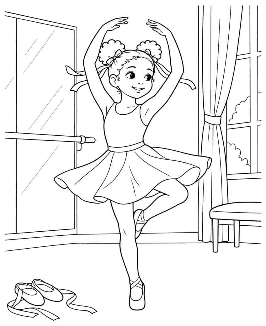 Coloring page of a girl dancing ballet in a studio with a barre, curtain and ballet slippers
