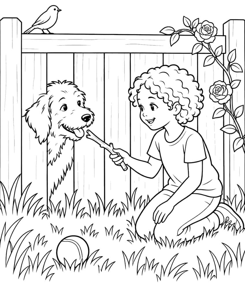 Coloring page of a kneeling girl handing a stick to a fluffy dog by a garden fence