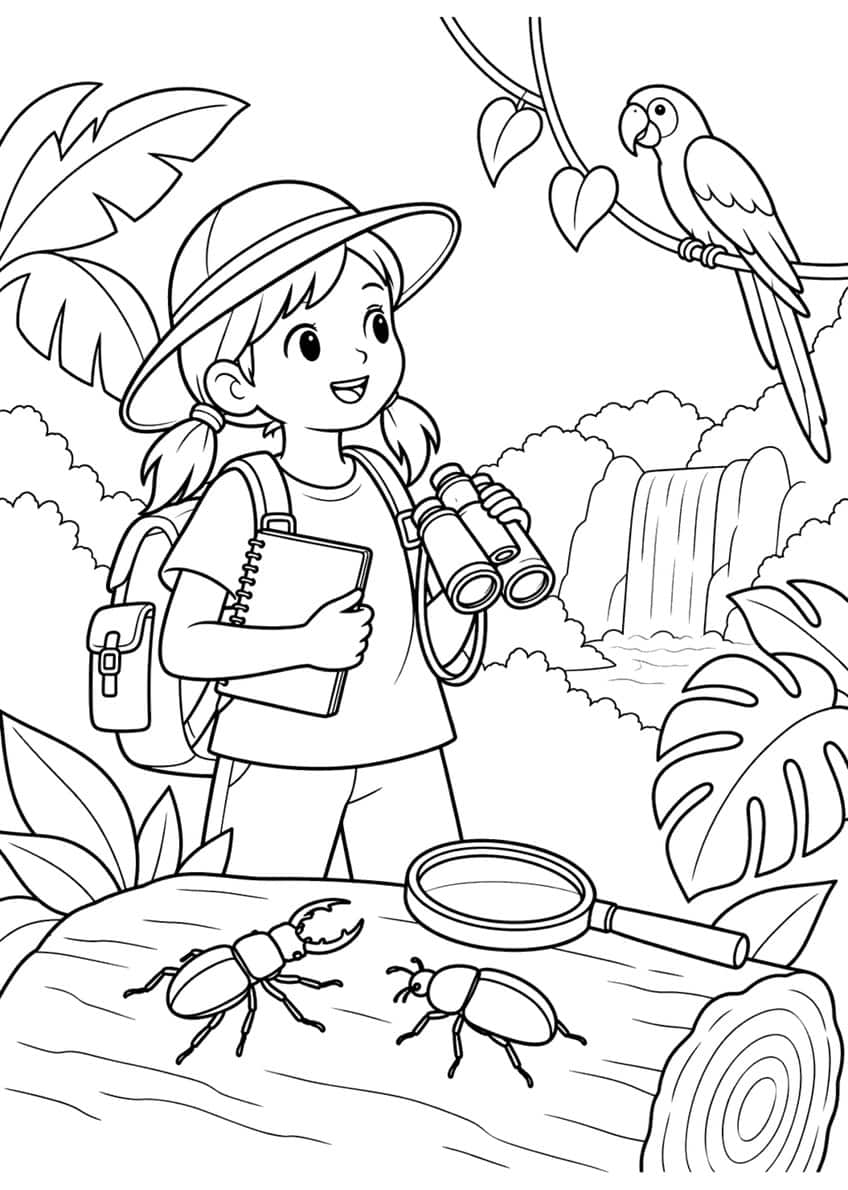 Coloring page of a girl explorer with binoculars, beetles on a log, a parrot and a jungle waterfall