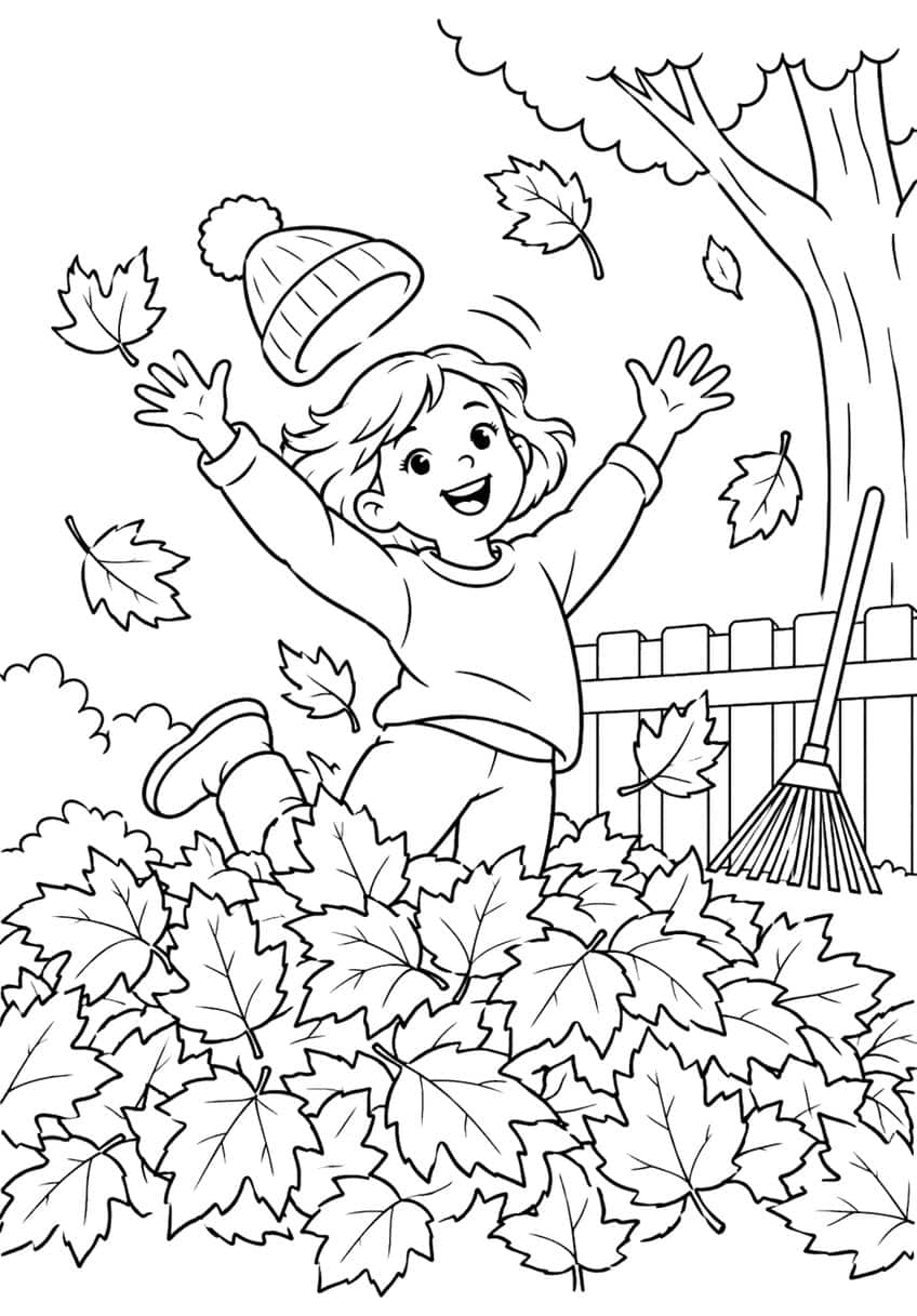 Coloring page of a girl jumping into a leaf pile, her knit hat flying, with a rake and fence