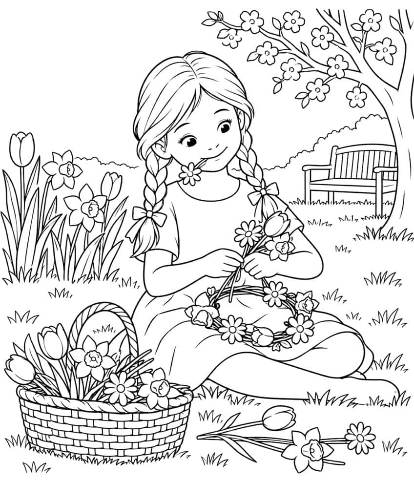Coloring page of a girl with braids weaving a flower crown beside a basket of tulips and daffodils