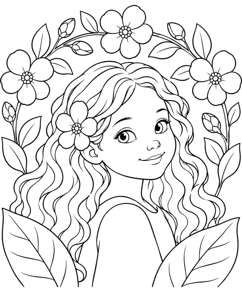 Coloring page of a smiling girl with long wavy hair and a flower in it, framed by an arch of flowers