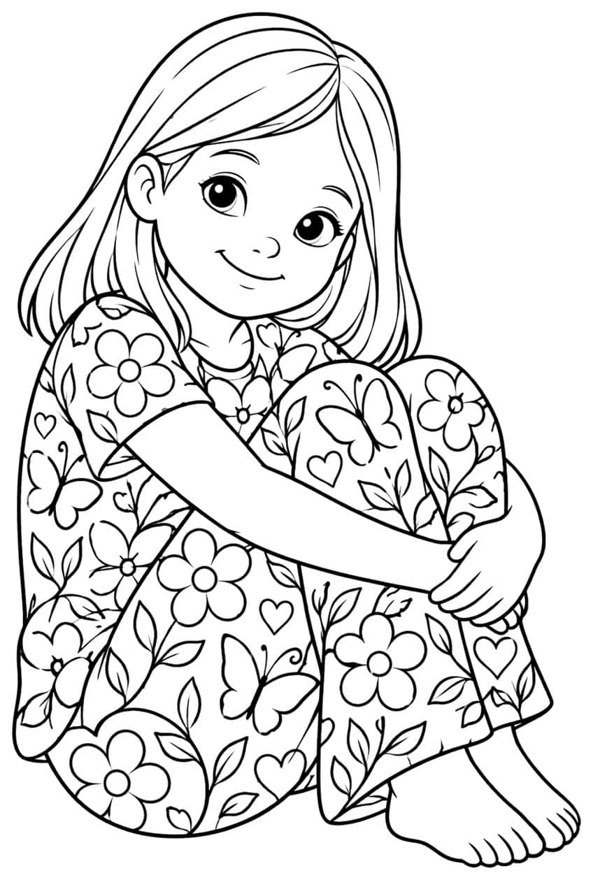 Coloring page of a barefoot girl hugging her knees in a dress patterned with flowers and butterflies