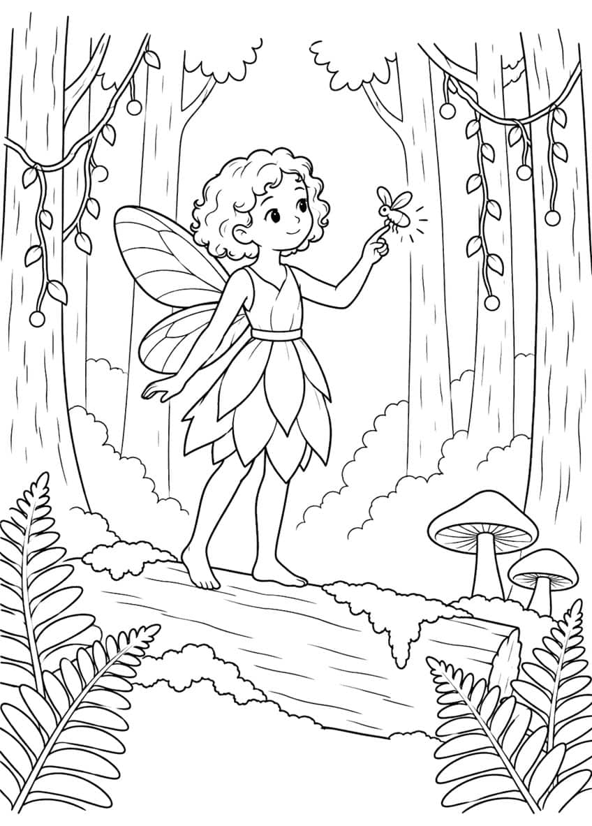 Coloring page of a winged fairy girl on a mossy forest log holding a firefly, with ferns and mushrooms