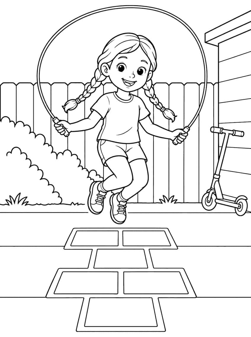 Coloring page of a girl with braids jumping rope over a hopscotch grid in a backyard