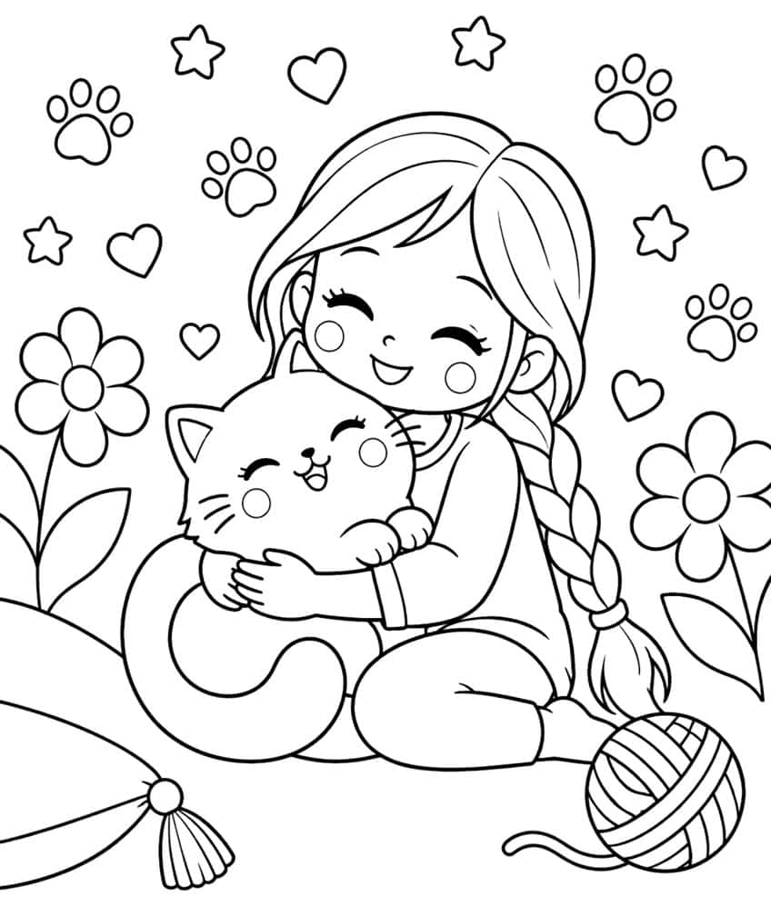 Coloring page of a smiling girl hugging a cat, with yarn, flowers, paw prints and hearts