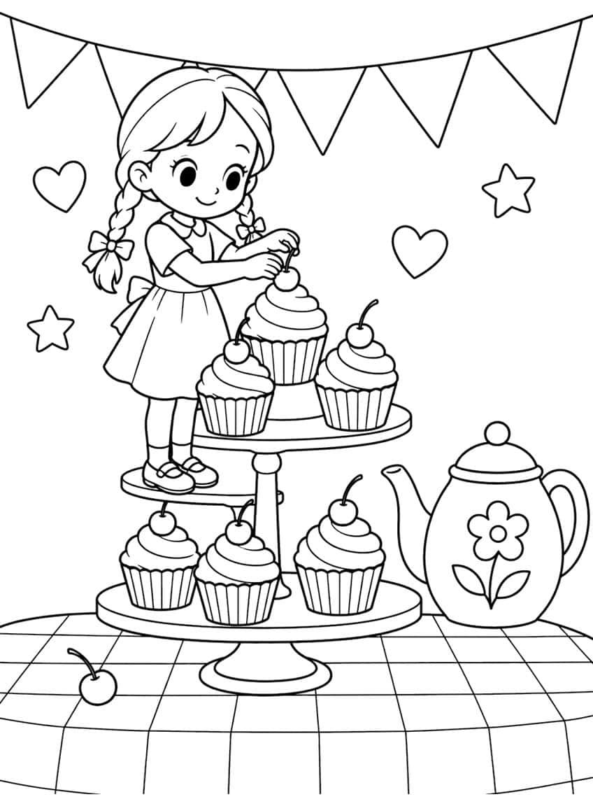 Coloring page of a girl putting cherries on cupcakes beside a teapot under party bunting