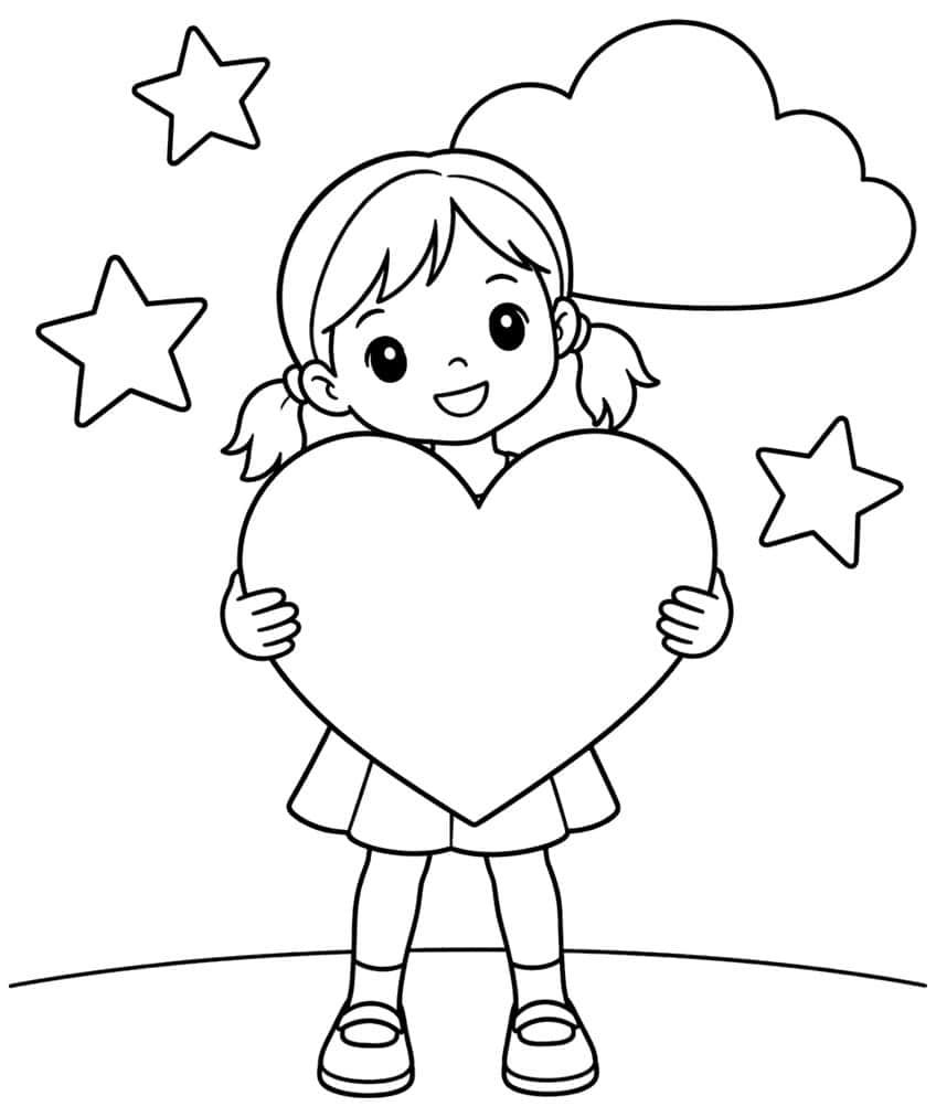 Coloring page of a smiling girl with pigtails holding a big heart, with stars and a cloud