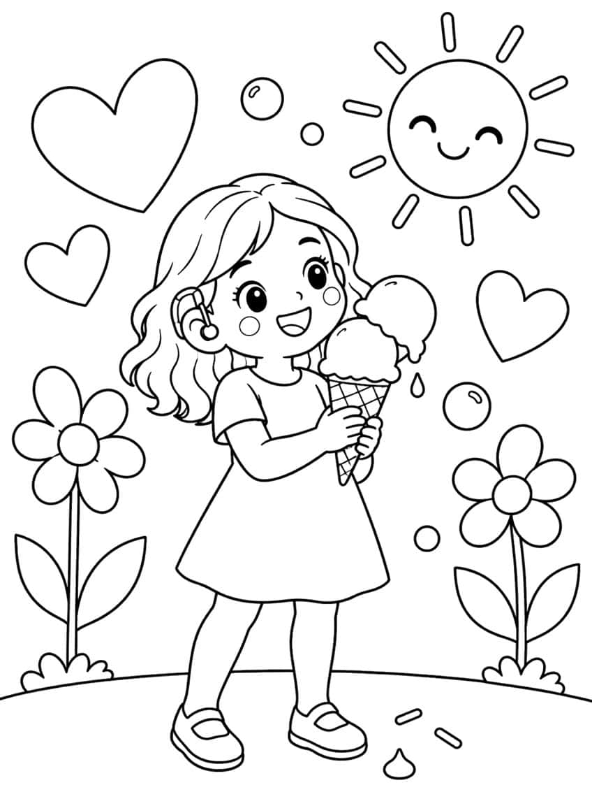 Coloring page of a girl holding a two-scoop ice cream cone with a smiling sun, hearts and flowers