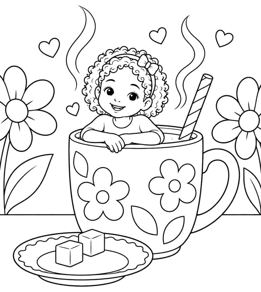 Coloring page of a smiling girl sitting inside a flowered mug with sugar cubes on a saucer