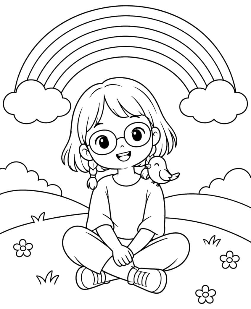 Coloring page of a girl in glasses sitting on a hill with a bird on her shoulder under a rainbow