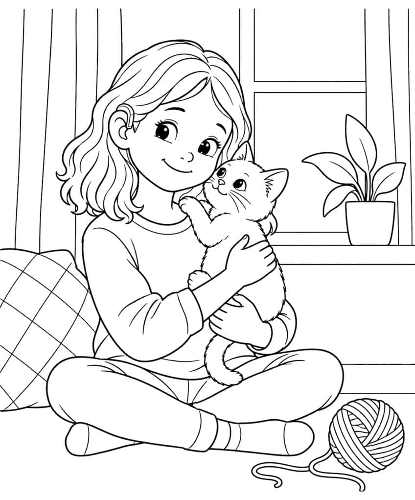 Coloring page of a girl sitting cross-legged and hugging a kitten beside a ball of yarn