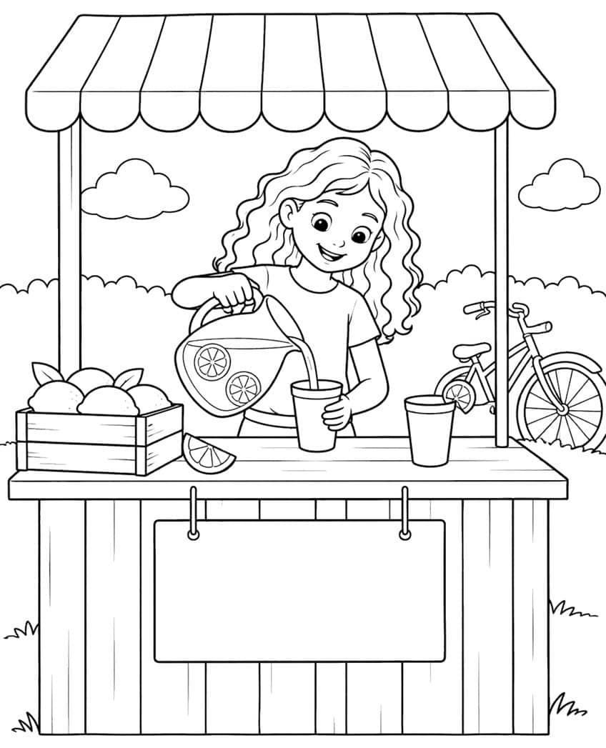 Coloring page of a girl pouring lemonade at a stand with a lemon crate, cups and a bicycle