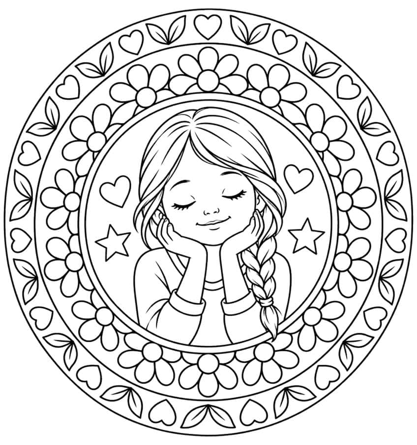 Coloring page of a girl with a braid and closed eyes inside a mandala of flowers, hearts and leaves