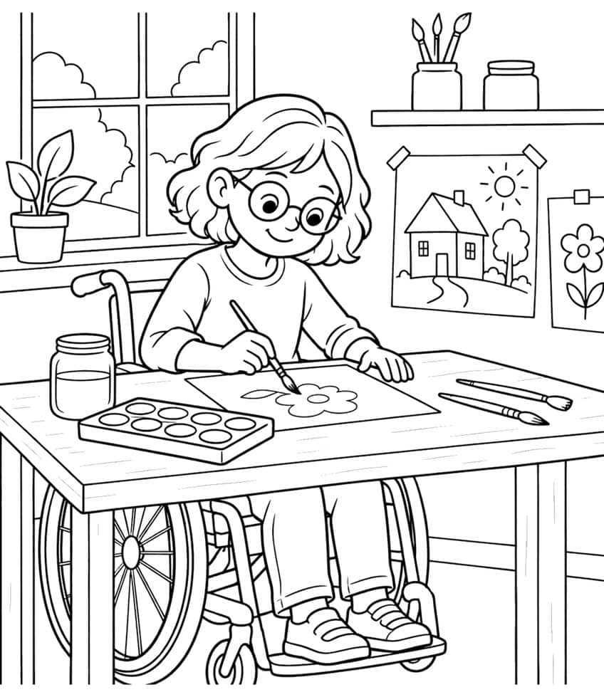 Coloring page of a girl in a wheelchair painting a flower at a table with a watercolor set