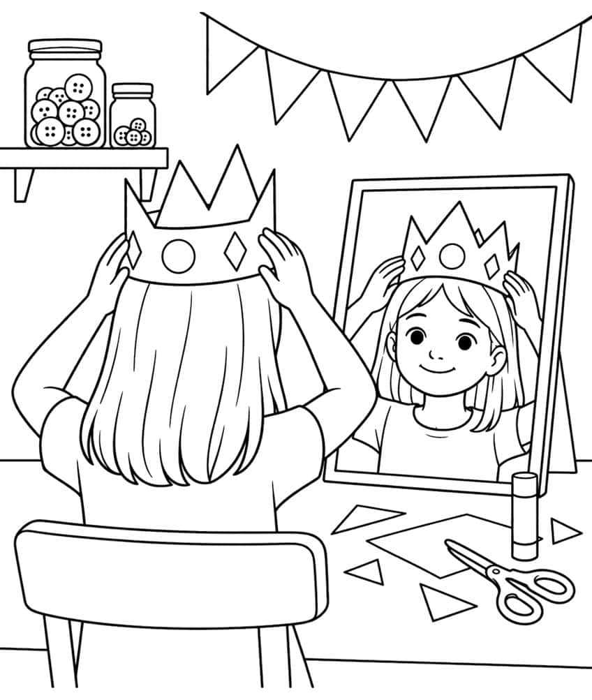 Coloring page of a girl putting on a homemade paper crown in front of a mirror at a craft table
