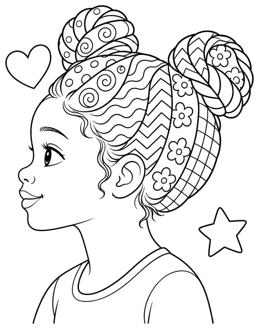 Coloring page of a girl in profile with two patterned hair buns, a heart and a star