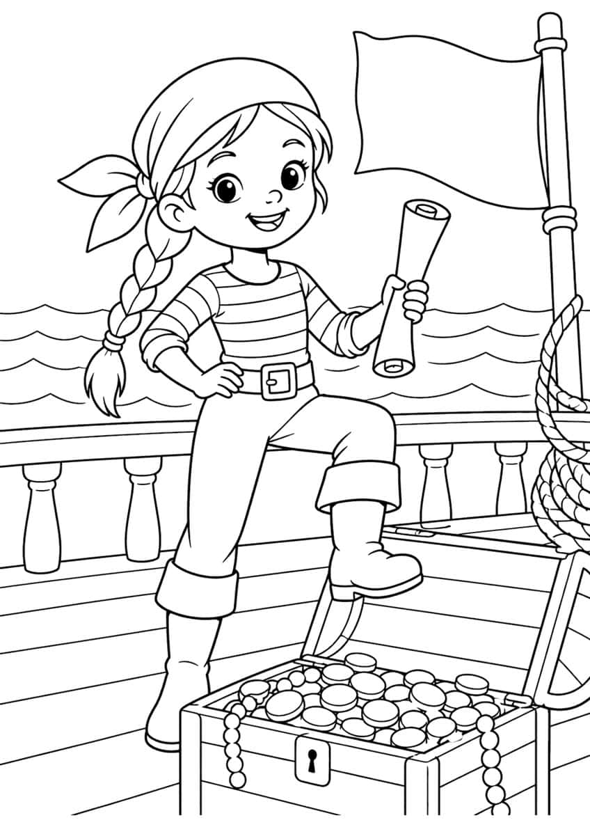 Coloring page of a pirate girl holding a map with her boot on a treasure chest on a ship deck
