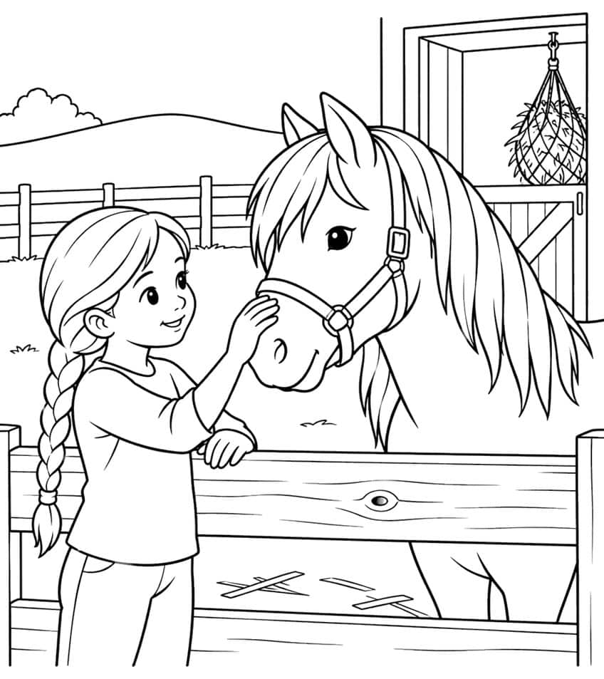 Coloring page of a girl petting a pony over a wooden stable fence