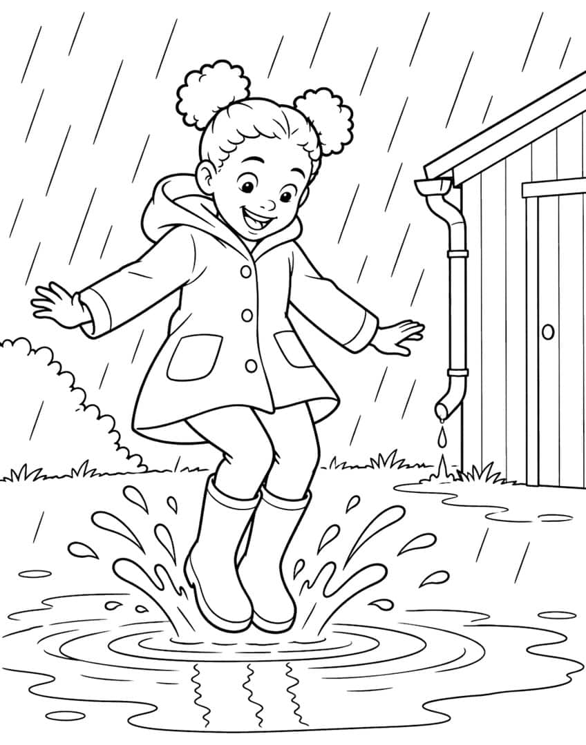 Coloring page of a girl in a raincoat and boots splashing in a puddle in the rain
