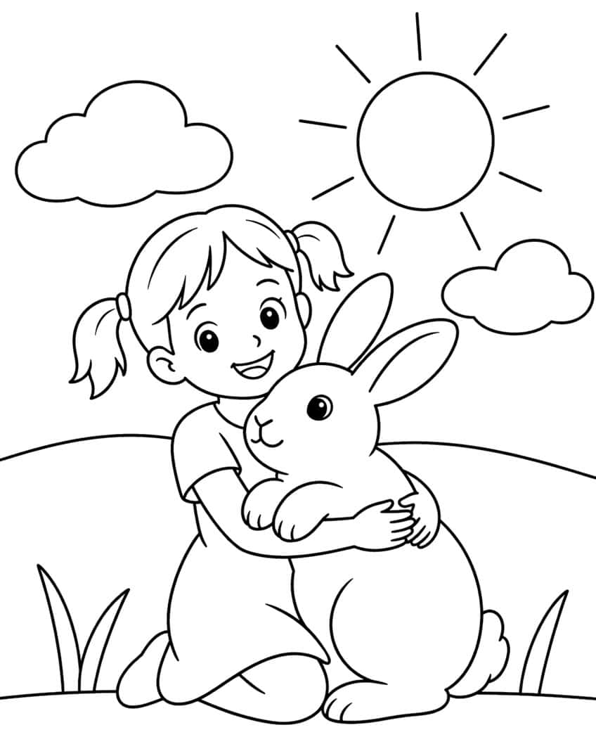 Coloring page of a pigtailed girl hugging a large rabbit on a sunny hill