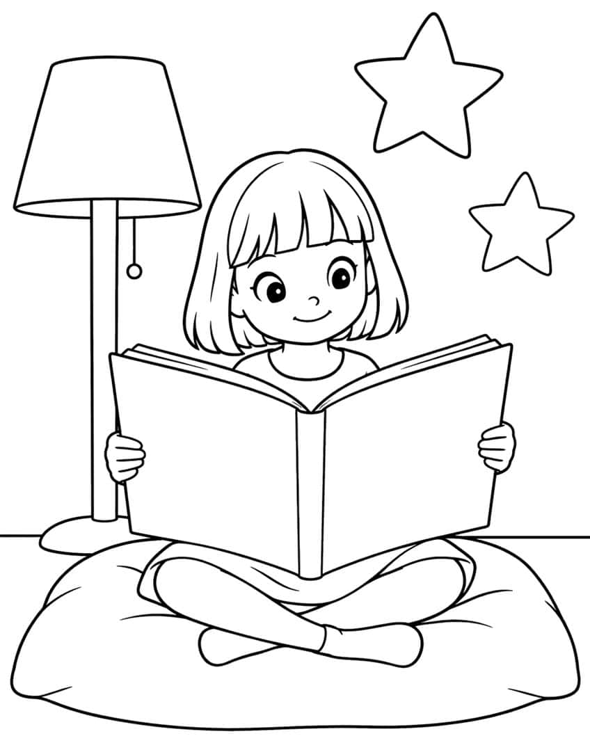 Coloring page of a girl reading a large book on a cushion, with a floor lamp and two stars