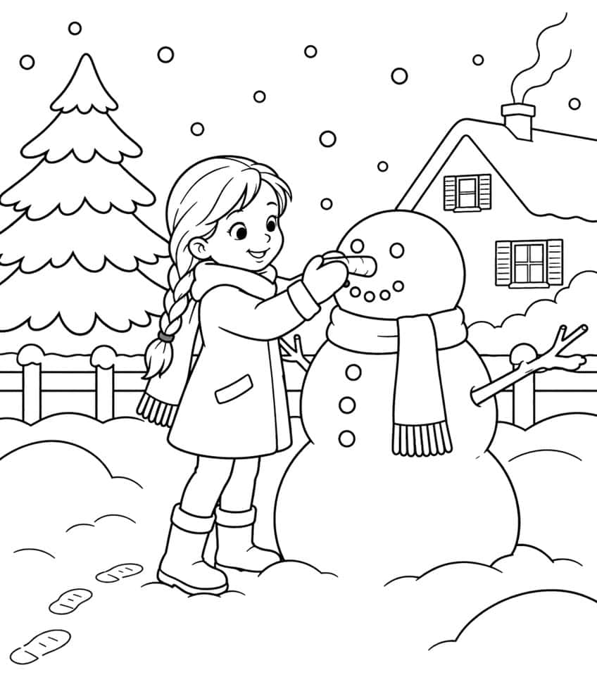 Coloring page of a girl giving a snowman its carrot nose in a snowy yard
