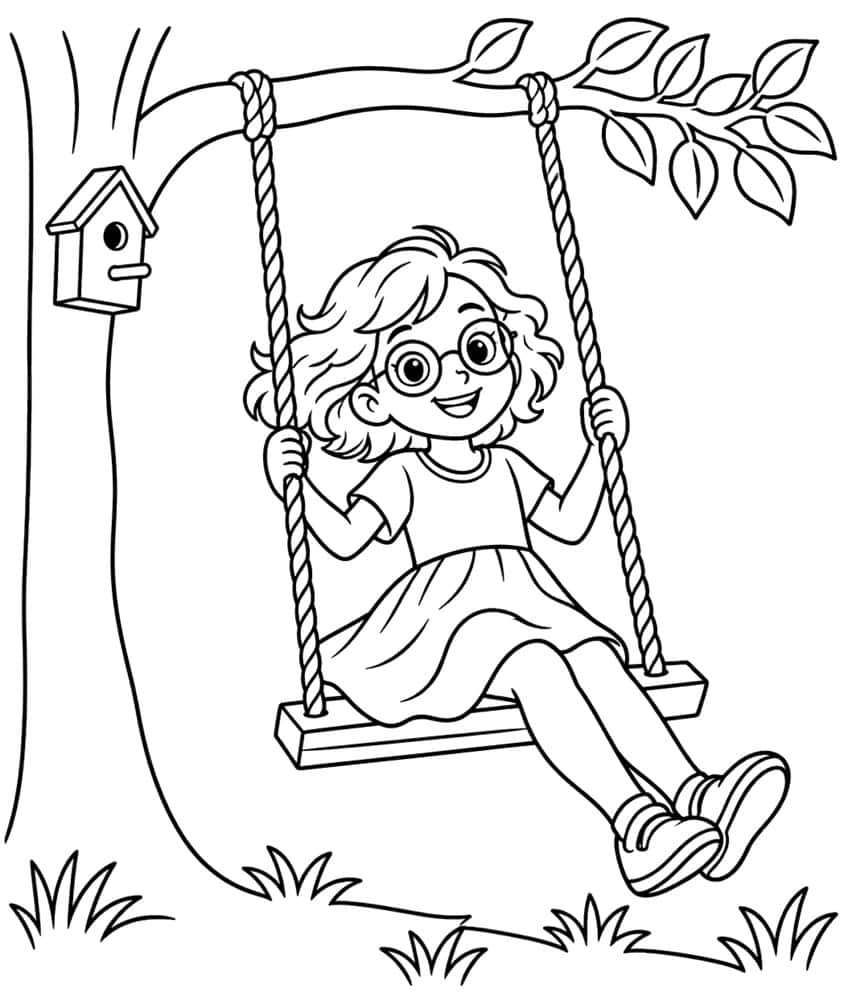 Coloring page of a smiling girl with glasses on a rope swing under a tree with a birdhouse