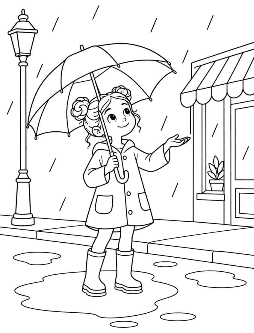Girl with an umbrella and raincoat catching raindrops on a city sidewalk, coloring page