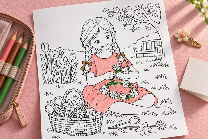 girl coloring page partly colored in with pencils
