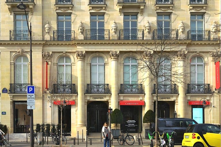The stone façade and entrance of Christie’s France on Avenue Matignon in Paris.