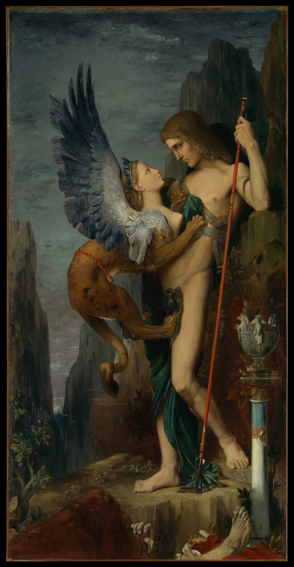 In Oedipus and the Sphinx, the hero and monster hold each other in an unbroken gaze above the remains of earlier victims.