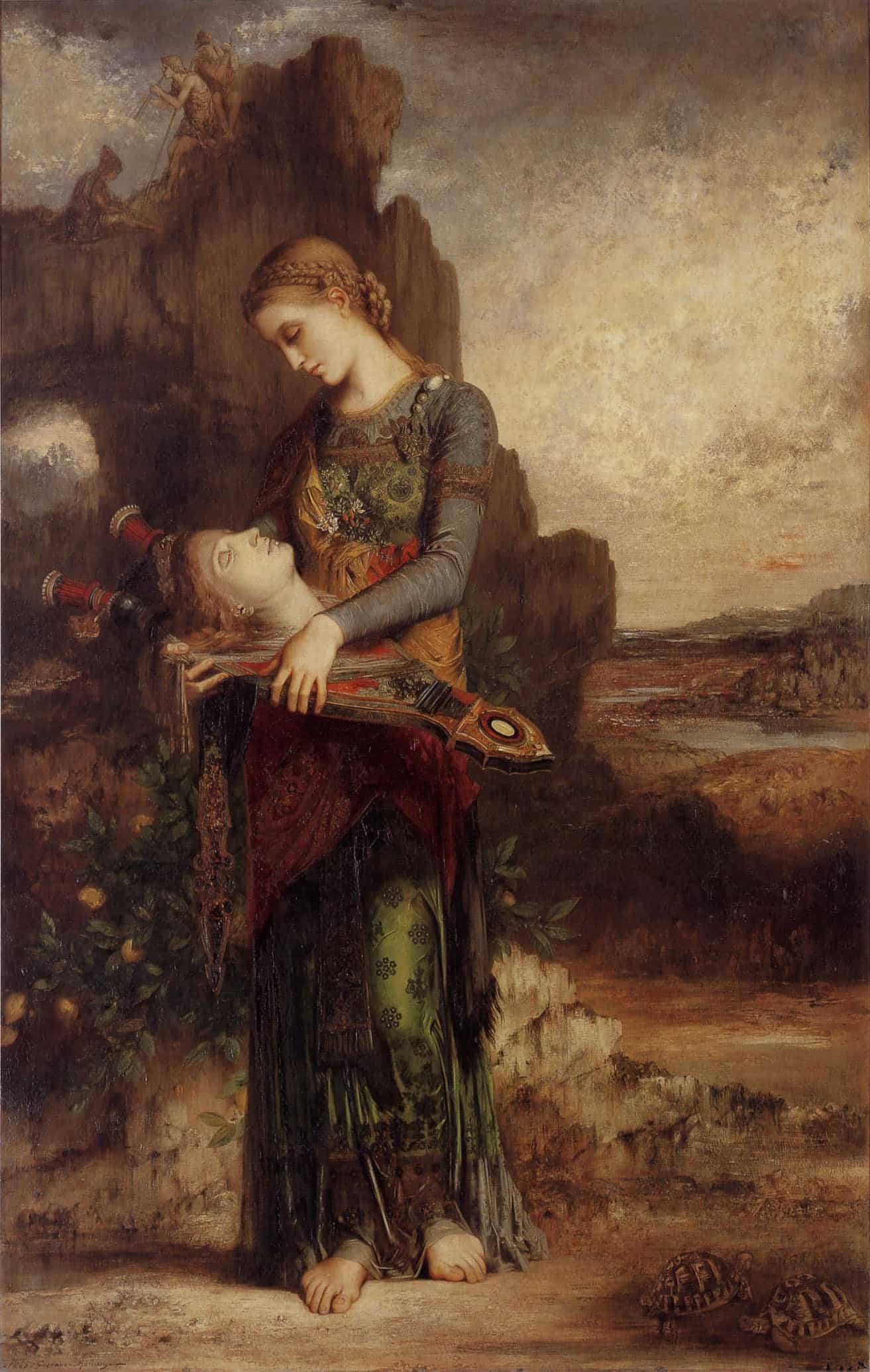 Orpheus from 1865 shows a Thracian girl carrying the poet’s severed head on his lyre.