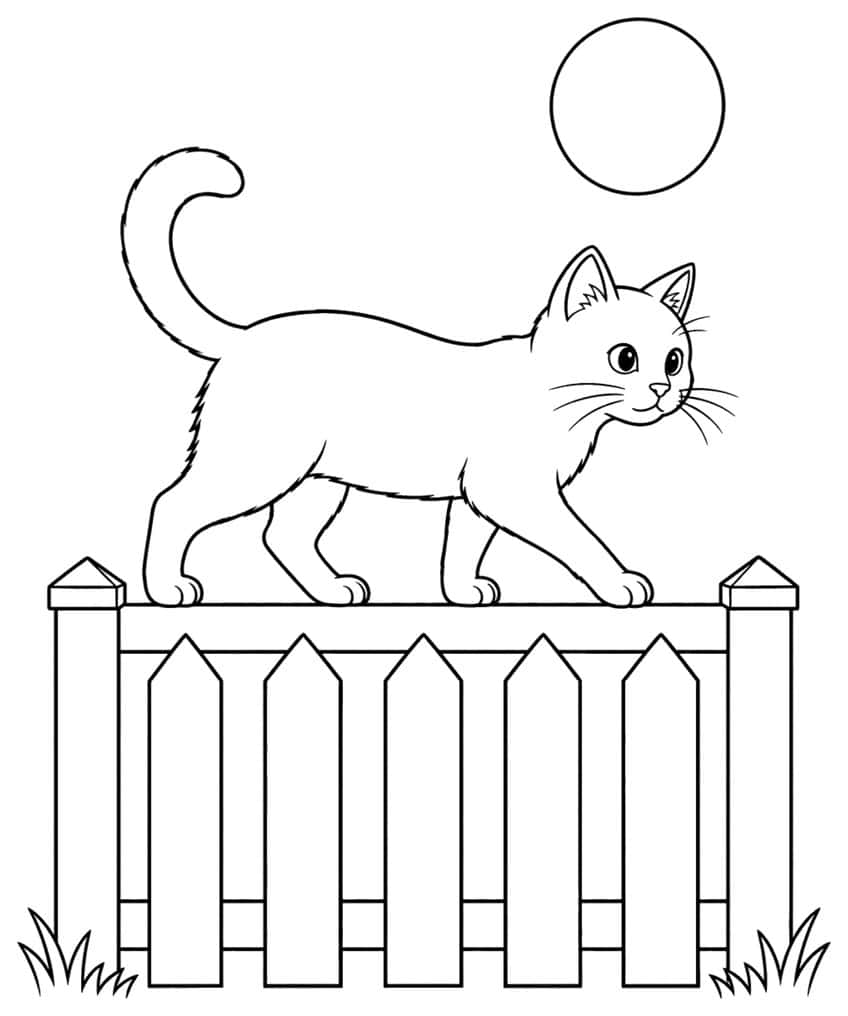Coloring page: cat walking on a picket fence under a full moon