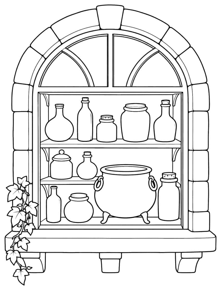 Coloring page of an arched shop window with potion bottles, jars and a cauldron