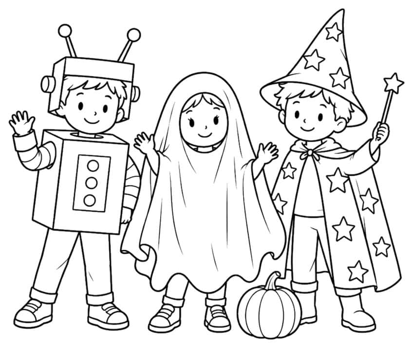 Coloring page with three children dressed as robot, ghost and wizard next to a pumpkin