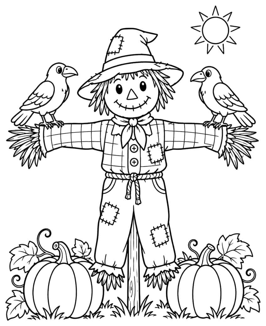 Coloring page of a smiling scarecrow with two crows and pumpkins